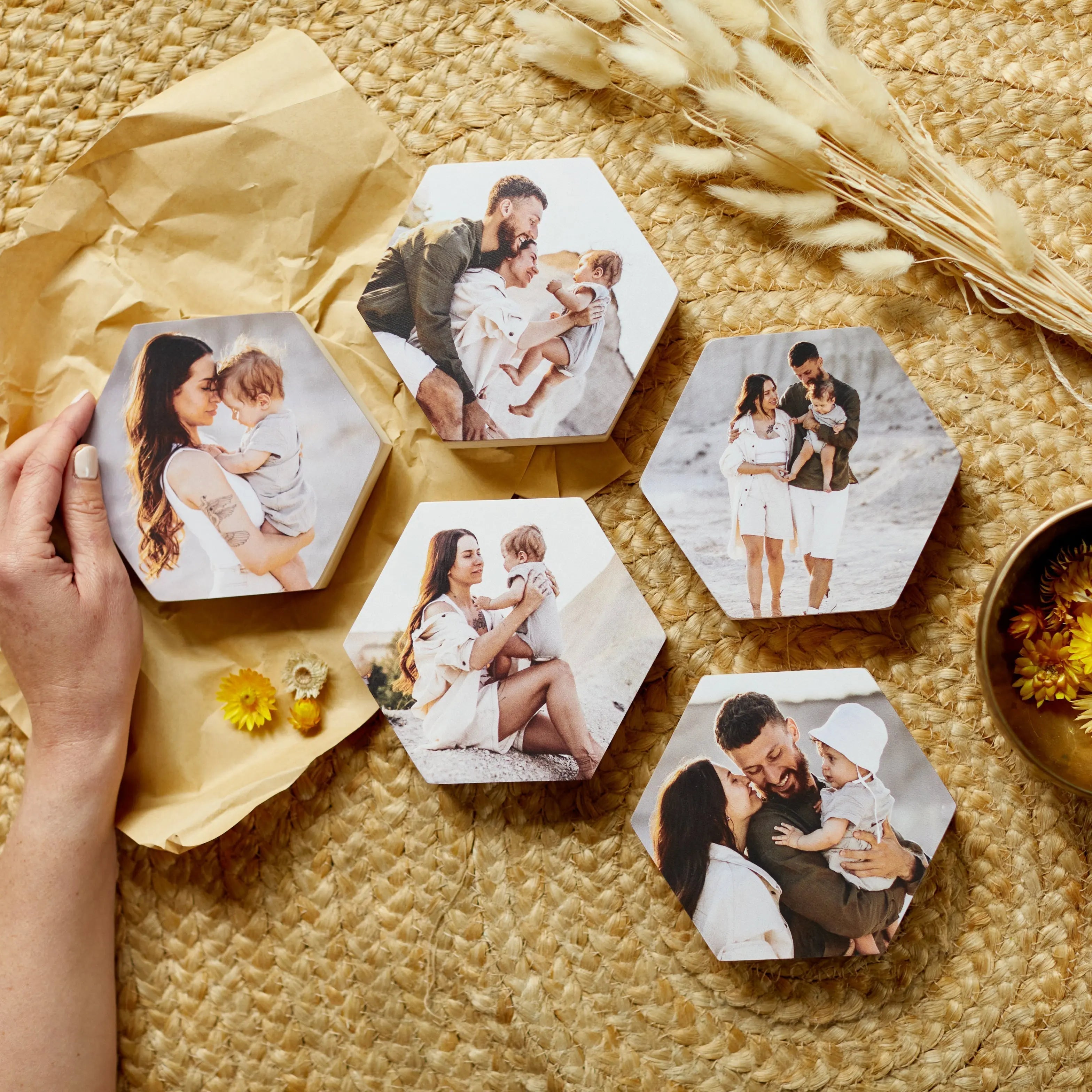 Hexagon Set of 5 – foto op hout – Memory Block NL